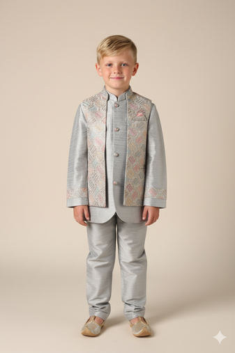 Grey embroidered open jacket indo western set for boys