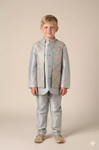 Grey embroidered open jacket indo western set for boys