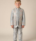 Grey embroidered open jacket indo western set for boys