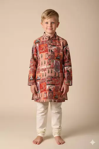 Orange printed polyster kurta set for boys