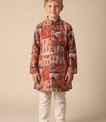 Orange printed polyster kurta set for boys