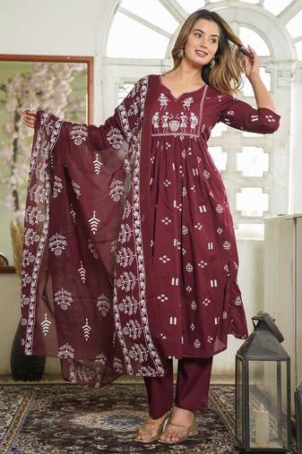 dark maroon Kurta Set with Dupatta