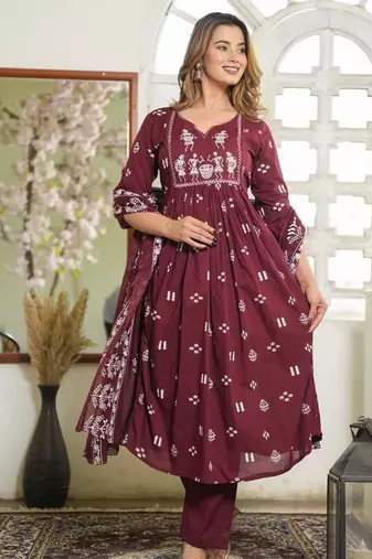 dark maroon Kurta Set with Dupatta