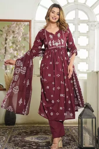 dark maroon Kurta Set with Dupatta