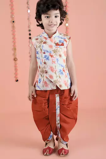 cotton sleeveless printed kurta and solid dhoti - Multicolor