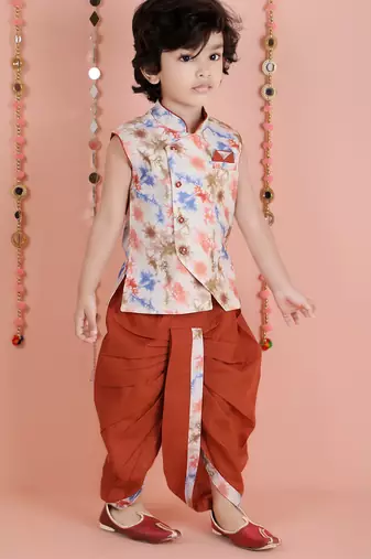 cotton sleeveless printed kurta and solid dhoti - Multicolor