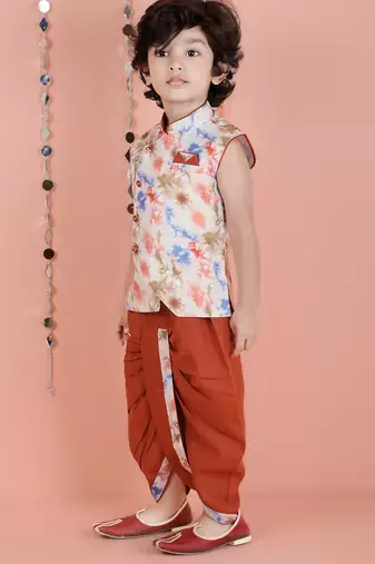 cotton sleeveless printed kurta and solid dhoti - Multicolor