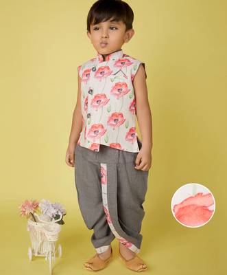 cotton sleeveless printed kurta and solid dhoti - grey 1