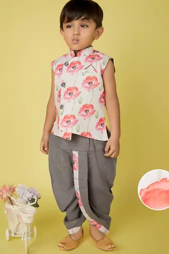 cotton sleeveless printed kurta and solid dhoti - grey