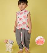 cotton sleeveless printed kurta and solid dhoti - grey