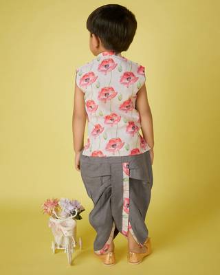 cotton sleeveless printed kurta and solid dhoti - grey 2