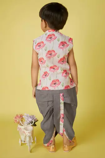 cotton sleeveless printed kurta and solid dhoti - grey