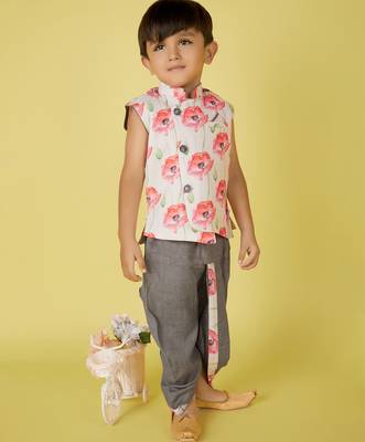 cotton sleeveless printed kurta and solid dhoti - grey 3