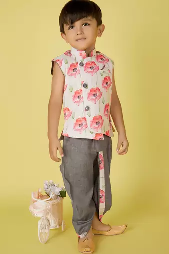 cotton sleeveless printed kurta and solid dhoti - grey