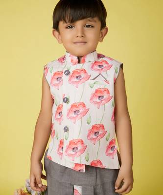 cotton sleeveless printed kurta and solid dhoti - grey 4