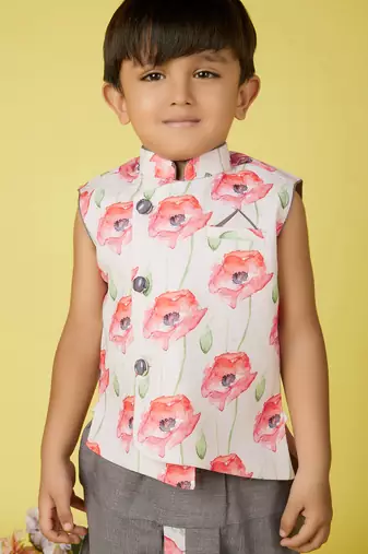 cotton sleeveless printed kurta and solid dhoti - grey