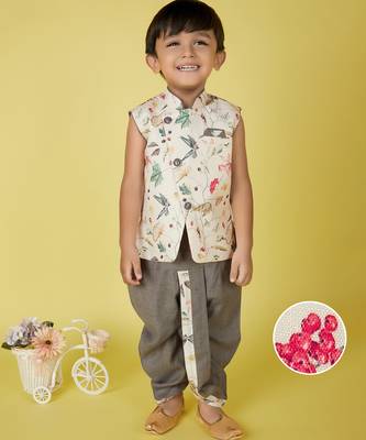 cotton sleeveless printed kurta and solid dhoti - cream 1