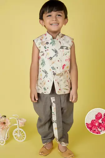 cotton sleeveless printed kurta and solid dhoti - cream