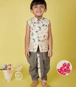 cotton sleeveless printed kurta and solid dhoti - cream