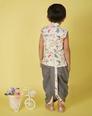 cotton sleeveless printed kurta and solid dhoti - cream 2