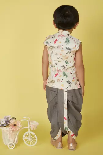 cotton sleeveless printed kurta and solid dhoti - cream