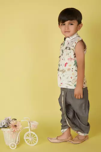cotton sleeveless printed kurta and solid dhoti - cream