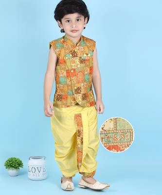 cotton sleeveless printed kurta and solid dhoti - yellow 1