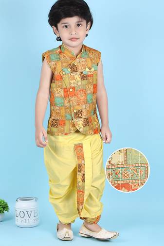 cotton sleeveless printed kurta and solid dhoti - yellow