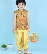 cotton sleeveless printed kurta and solid dhoti - yellow