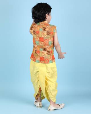cotton sleeveless printed kurta and solid dhoti - yellow 2