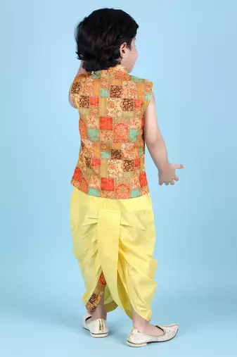cotton sleeveless printed kurta and solid dhoti - yellow