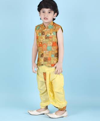 cotton sleeveless printed kurta and solid dhoti - yellow 3