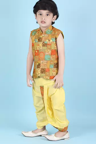 cotton sleeveless printed kurta and solid dhoti - yellow