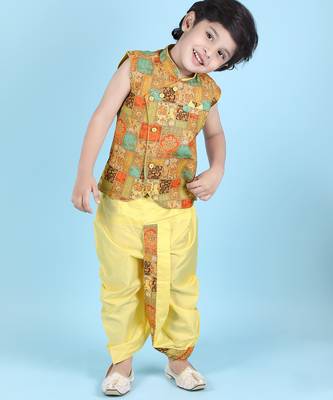 cotton sleeveless printed kurta and solid dhoti - yellow 4