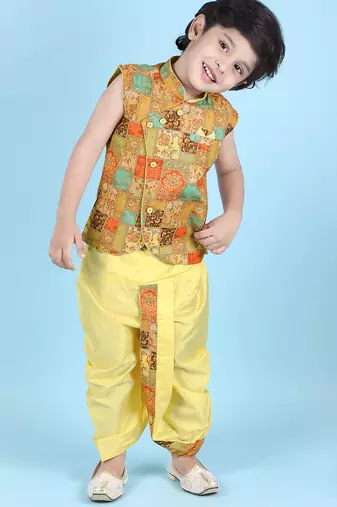 cotton sleeveless printed kurta and solid dhoti - yellow