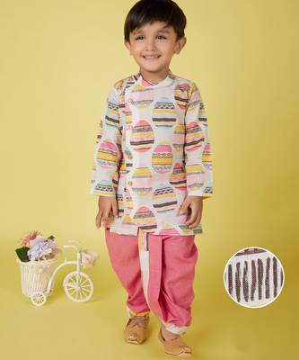 cotton full sleeves printed kurta and solid dhoti - pink 1