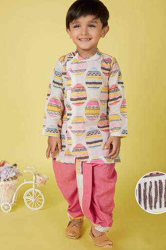 cotton full sleeves printed kurta and solid dhoti - pink