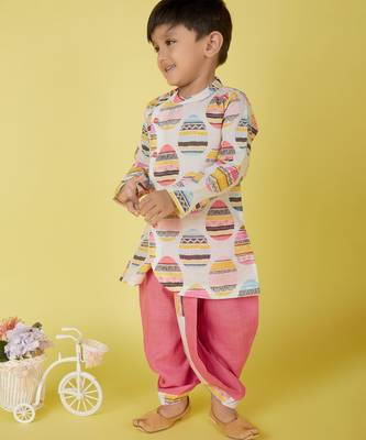 cotton full sleeves printed kurta and solid dhoti - pink 3