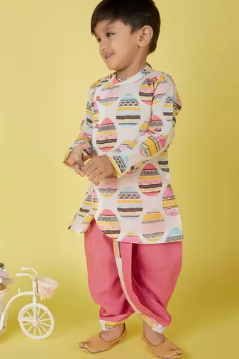 cotton full sleeves printed kurta and solid dhoti - pink