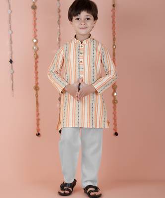 cotton full sleeves stripe kurta and pyjama- orange 1