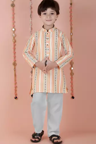 cotton full sleeves stripe kurta and pyjama- orange