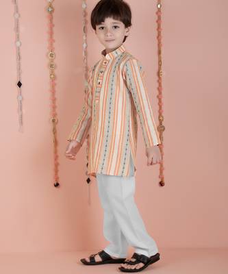 cotton full sleeves stripe kurta and pyjama- orange 3