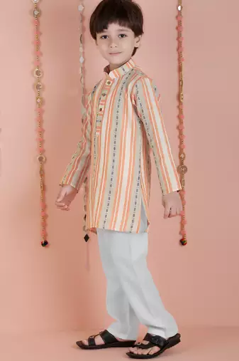 cotton full sleeves stripe kurta and pyjama- orange