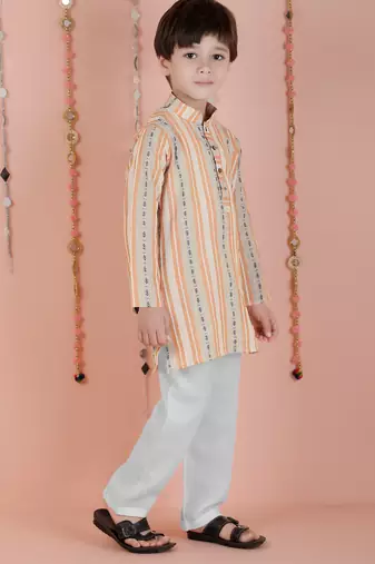 cotton full sleeves stripe kurta and pyjama- orange