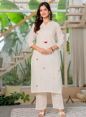 White  women ethnic a-line embroidery pure cotton kurta with trouser 1