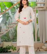 White  women ethnic a-line embroidery pure cotton kurta with trouser