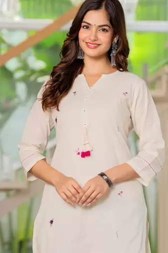 White  women ethnic a-line embroidery  cotton kurta with trouser