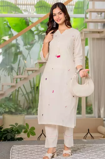 White  women ethnic a-line embroidery  cotton kurta with trouser