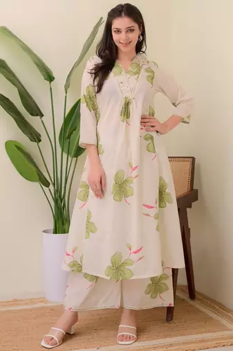 White aaysa women embroidery reyon anarkali kurti withtrouser