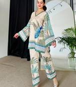 White  floral printed  collar neck tunic with trousers co-ords set